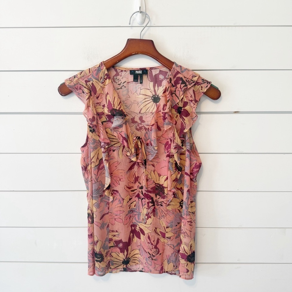 PAIGE | Cataleya Pink Multi 100% Silk sleeveless Ruffle blouse Size XXs - Picture 3 of 9